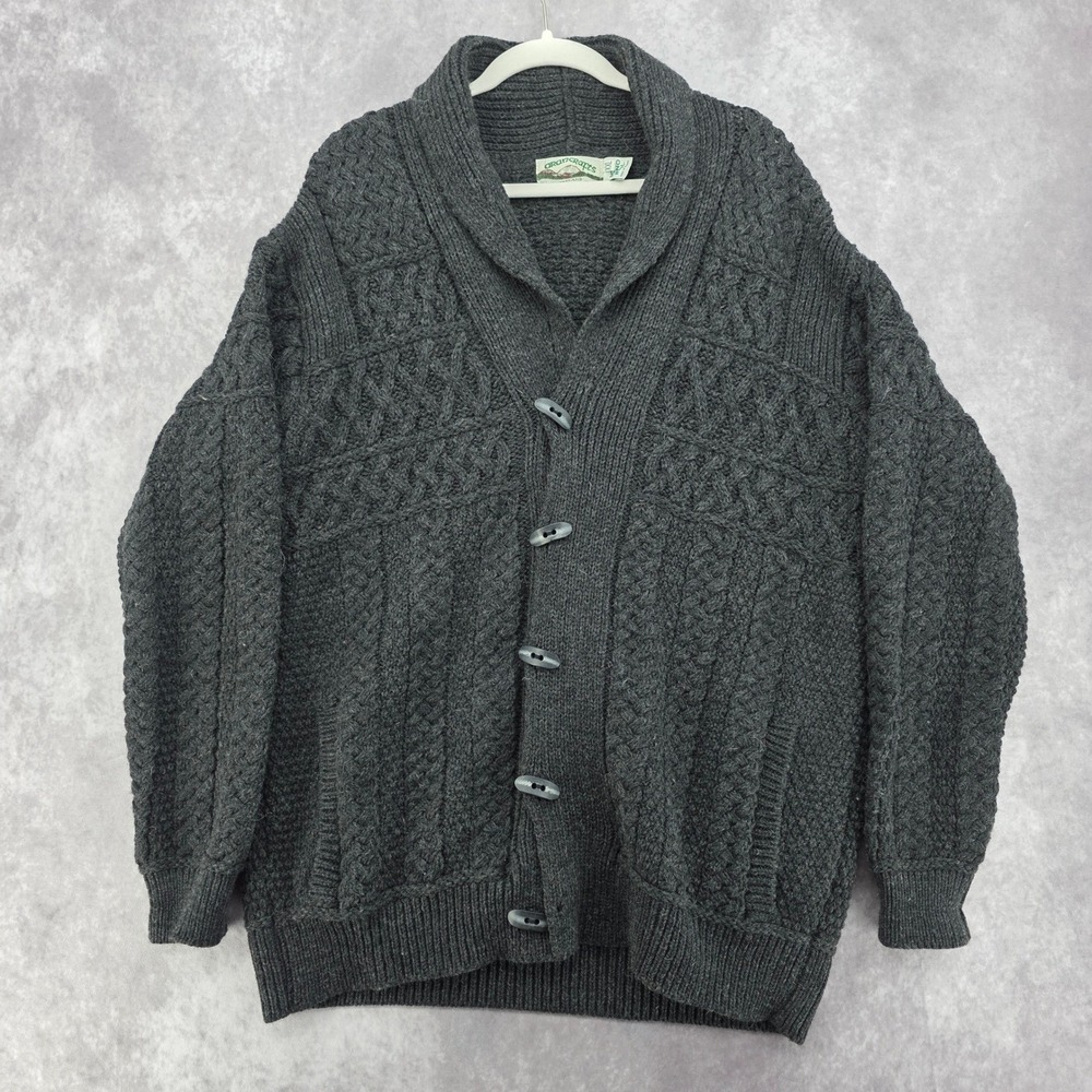 Arancrafts Ireland Mens XXL Cable Knit Shawl Cardigan Sweater Merino Wool Black
